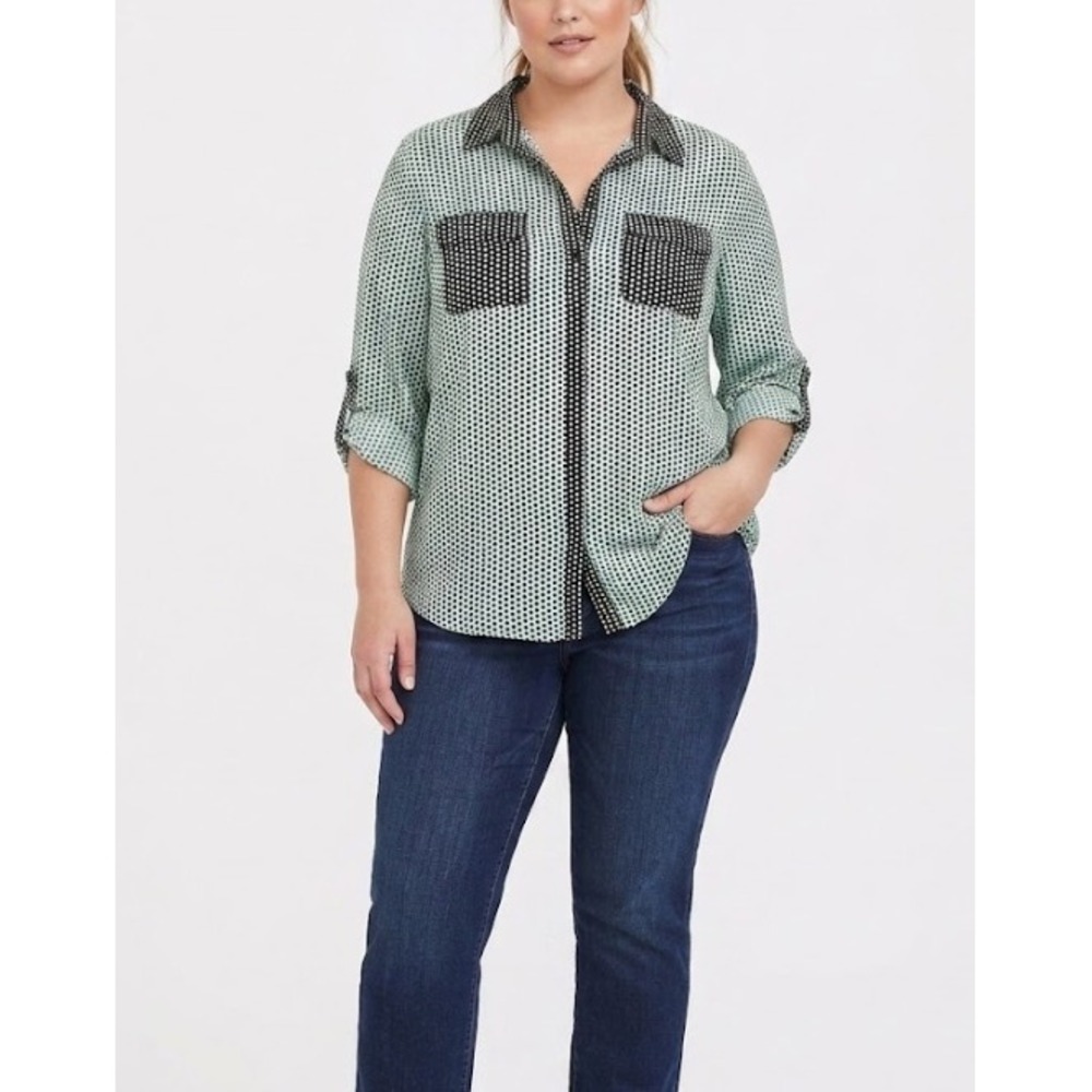 New York & Company Polka Dot Blouse XL Rolled Tab Sleeve Button Down Preppy